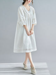 Vintage Hollow Split-Joint Loose Bishop Sleeve Midi Dress