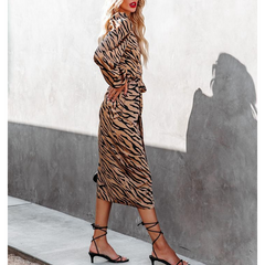 V-neck Leopard Printed Lace Up Long Sleeve Dress