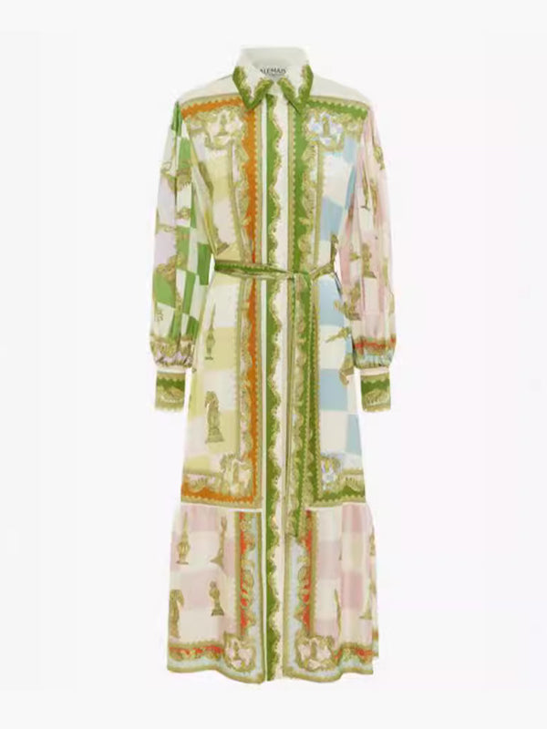 Flower Printed Patchwork Long Sleeves Elegant Maxi Dresses