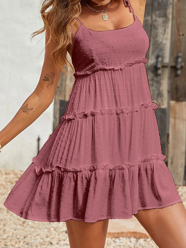 Jacquard Layered Pleated Solid Color Split-Joint A-Line Loose Spaghetti-Neck Mini Dresses