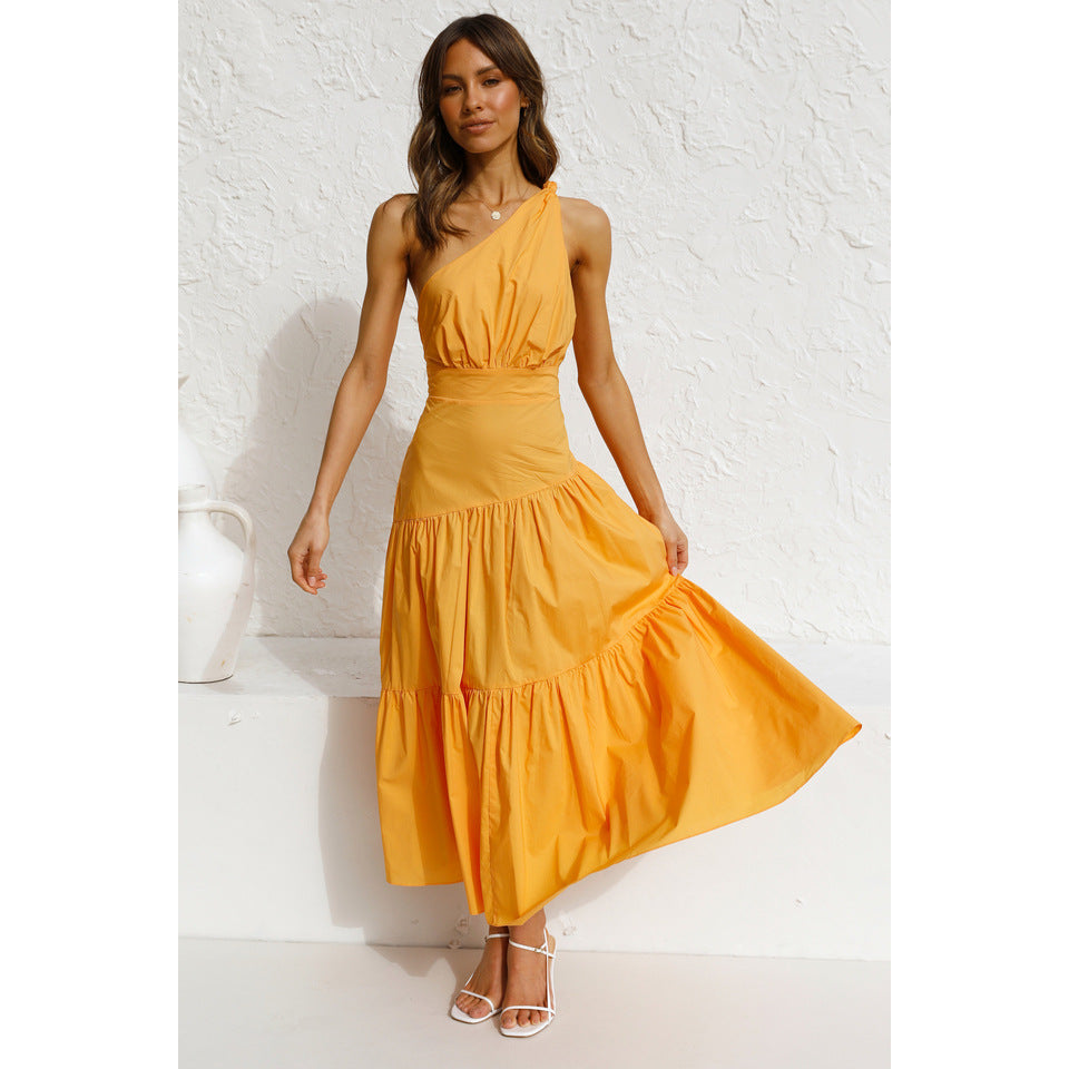 One Shoulder Solid Color Swing Dress