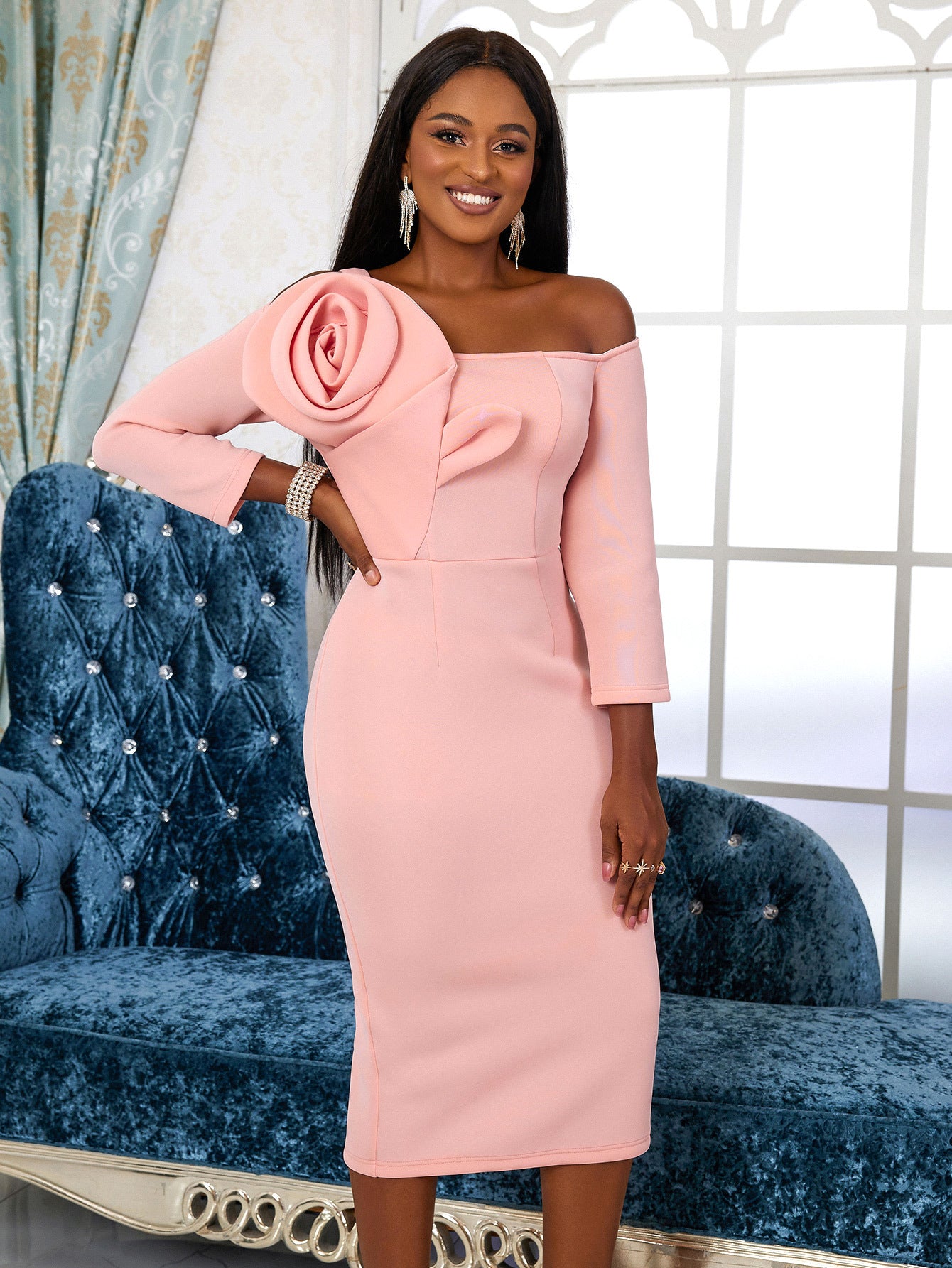 Off Shoulder 3D Flower Dress