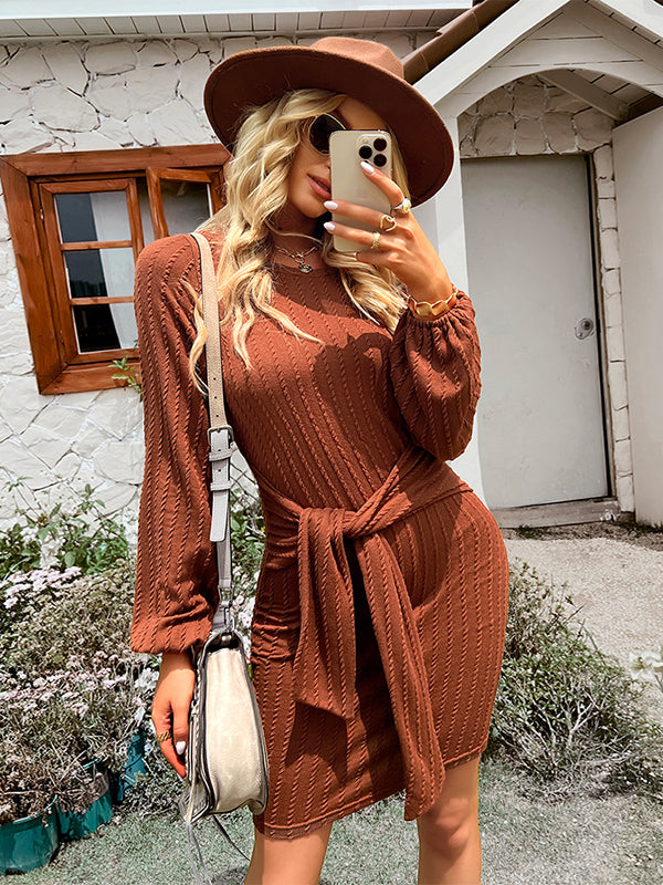 Vacation Puff Sleeves Lace-Up Solid Color Round-Neck Dress