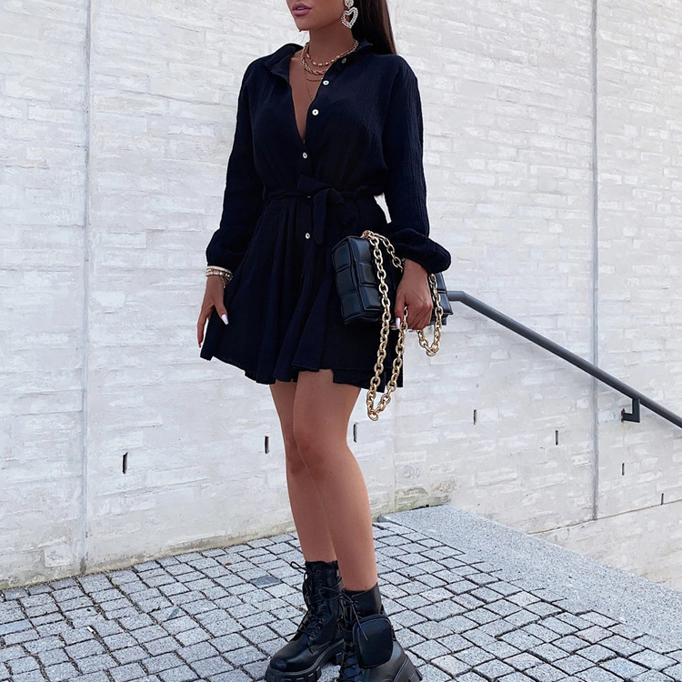 V Neck Long Sleeve Waist Lace Solid Color Mini Dress