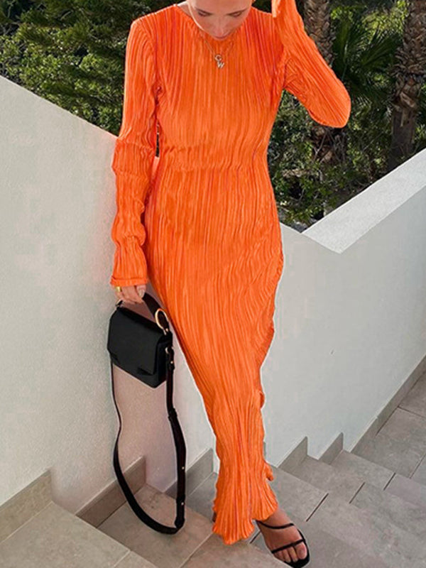 Pleated Solid Color Split-Joint Long Sleeves Skinny Round-Neck Maxi Dresses