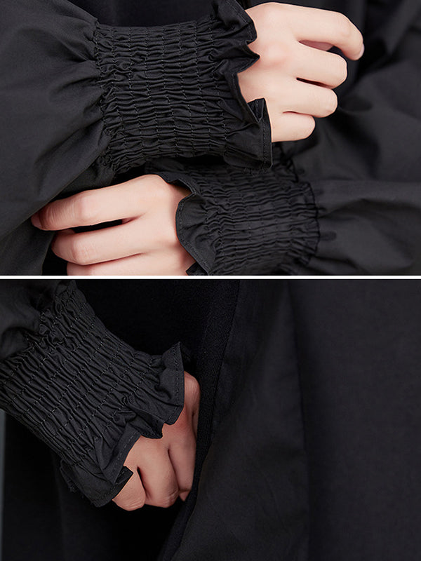 Pleated Solid Color Split-Joint Loose Puff Sleeves Round-neck Midi Dresses