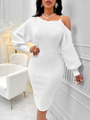 Solid Color Split-Joint Bodycon Long Sleeves Cold Shoulder Midi Dresses
