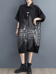 Printed Half Sleeves Loose Lapel Midi Dresses