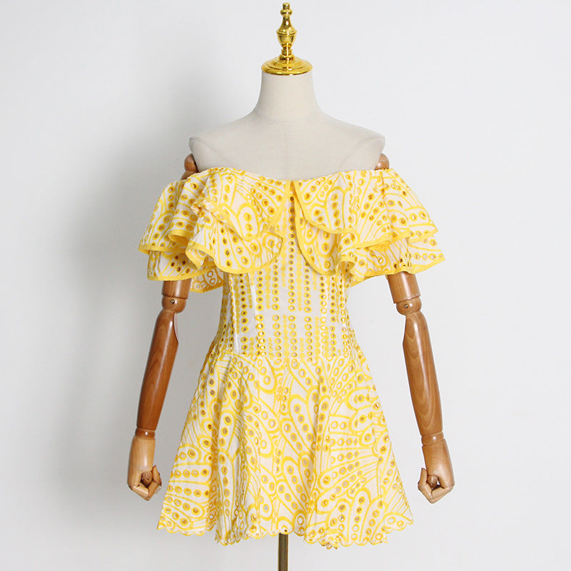Double Ruffle Embroidery Hollow Out Mini Dress