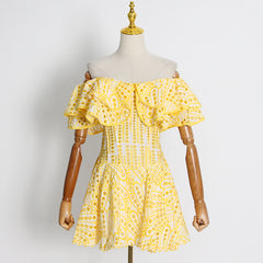 Double Ruffle Embroidery Hollow Out Mini Dress