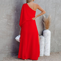 One Shoulder  Solid Color Maxi Dress