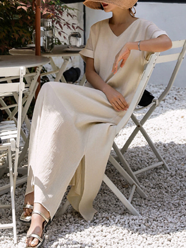 Hollow Solid Color Split-Side Tied Waist A-Line Loose V-Neck Midi Dresses