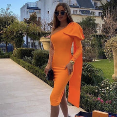 Oblique Shoulder Bowknot Decor Party Dress