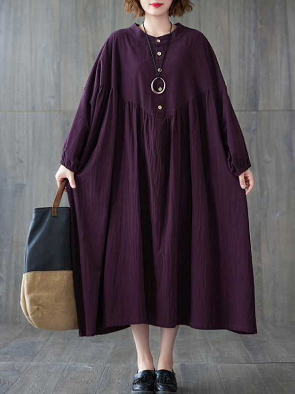 Pleated Solid Color Loose Puff Sleeves Stand Collar Midi Dresses