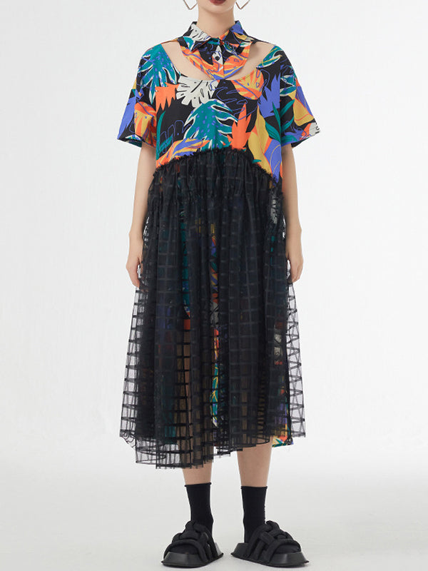 Buttoned Hollow Mesh Printed Split-Joint A-Line Loose Lapel Midi Dresses
