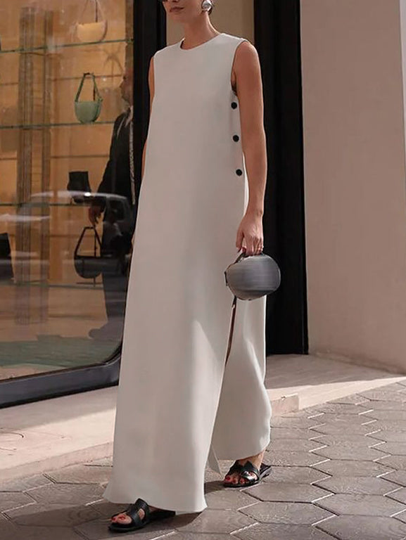 Solid Color Split-side Loose Sleeveless Round-neck Maxi Dresses