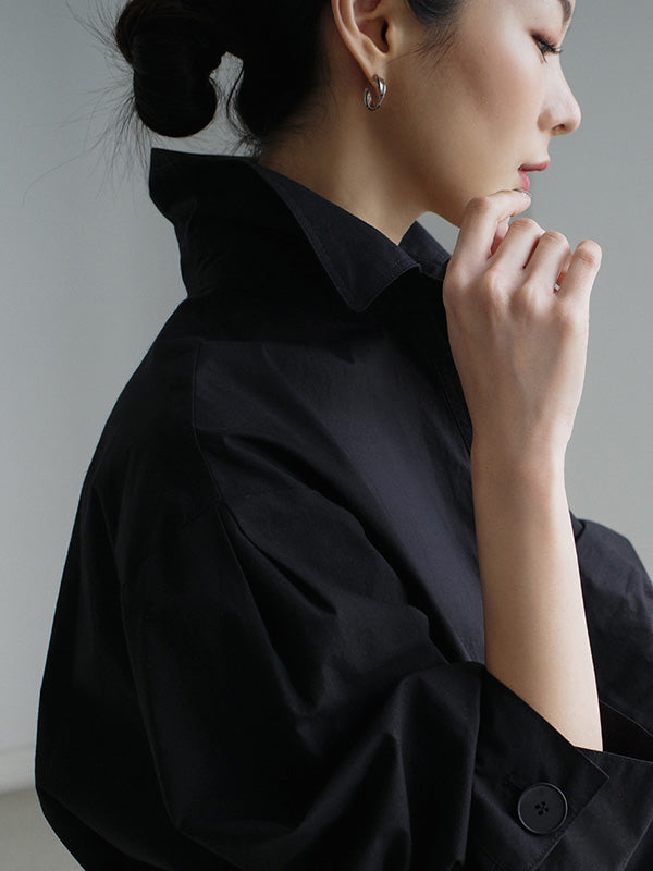 Buttoned Solid Color Long Sleeves Loose Lapel Midi Dresses
