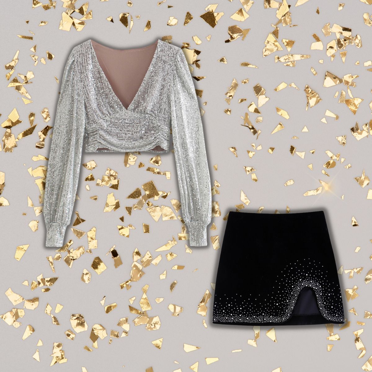 Flaxmaker Sequined Hot Drill Tarpaulin Sleeve V-neck Top Two Piece Set