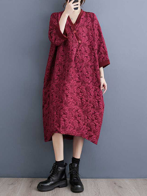 Asymmetric Buttoned Jacquard A-line Half Sleeves V-neck Midi Dresses