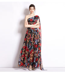 Flaxmaker Blossom Printed One Shoulder Lace Up Maxi Chiffon Dress