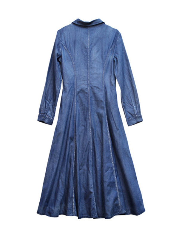 Vintage Bohemia Embroidered A-Line Dress Denim Midi Dress
