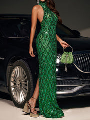 Sequin Crystal Maxi Dress In Green