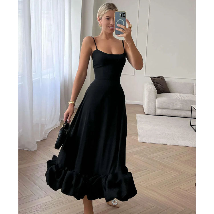 Spaghetti Strap Ruffle Bottom A-Line Midi Dress Flaxmaker