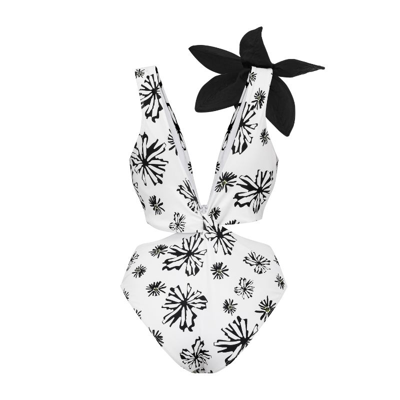 Flaxmaker Shoulder Flower Decor Printed One Piece Swimsuit and Sarong