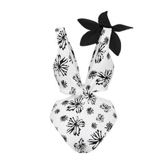 Flaxmaker Shoulder Flower Decor Printed One Piece Swimsuit and Sarong