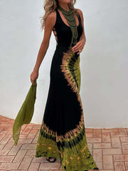 Tie-Dye Printed Sleeveless V-Neck Bohemia Maxi Dresses