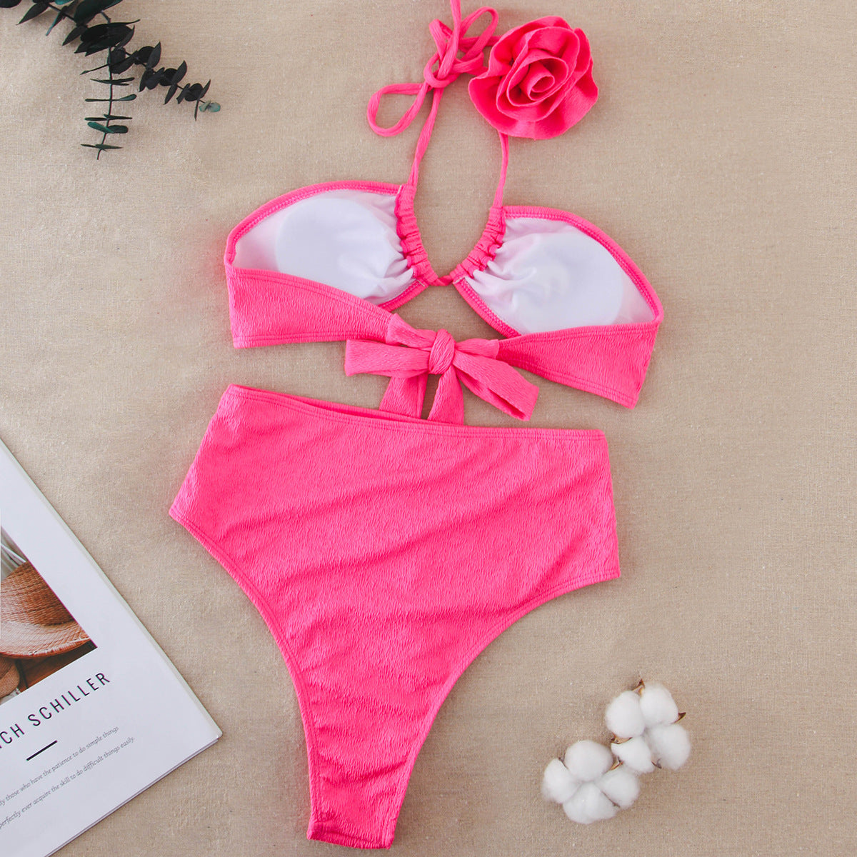 Halter 3D Flower Color Block Bikini Swimsuit