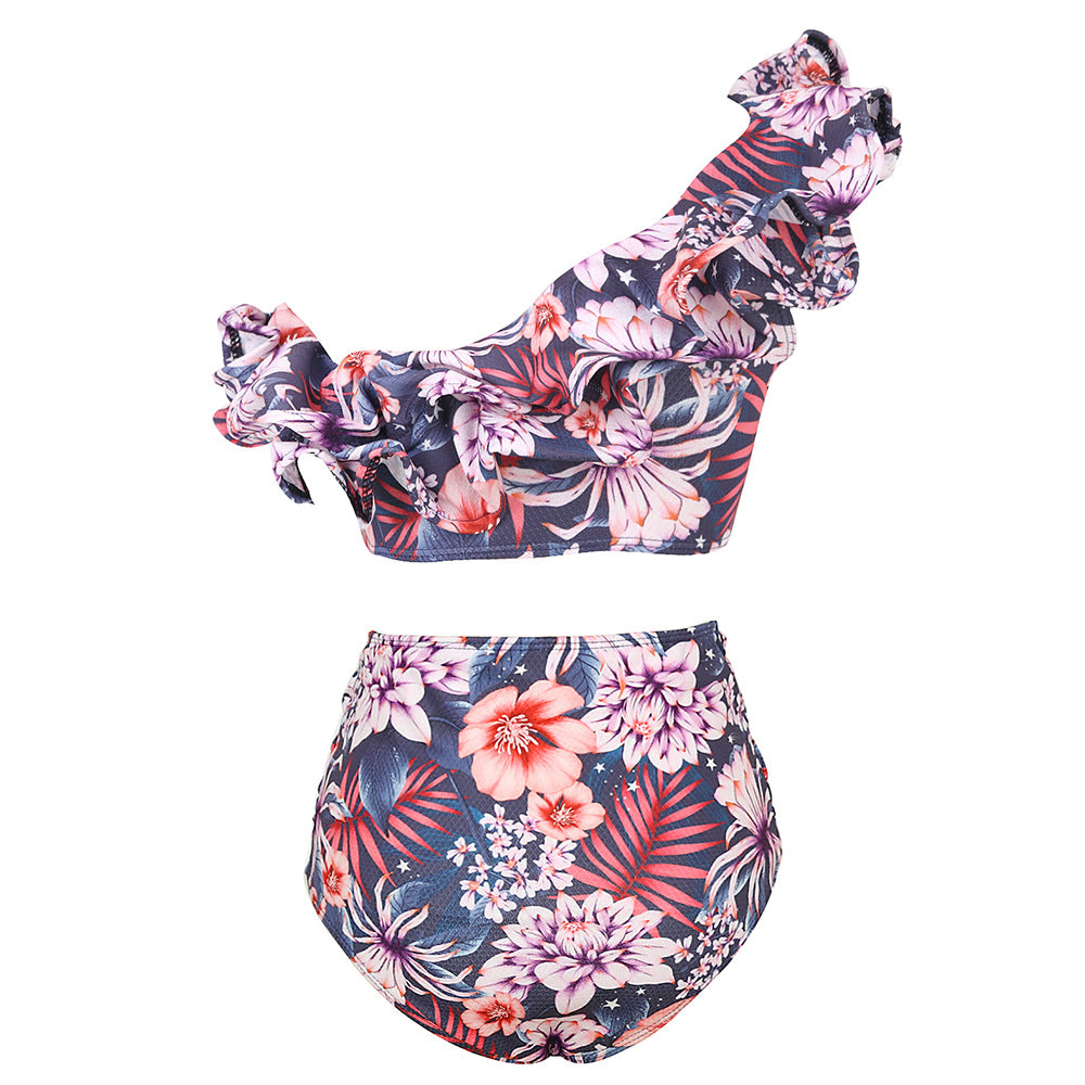One Shoulder Ruffled White High Waist Bikini Swimsuit Flaxmaker