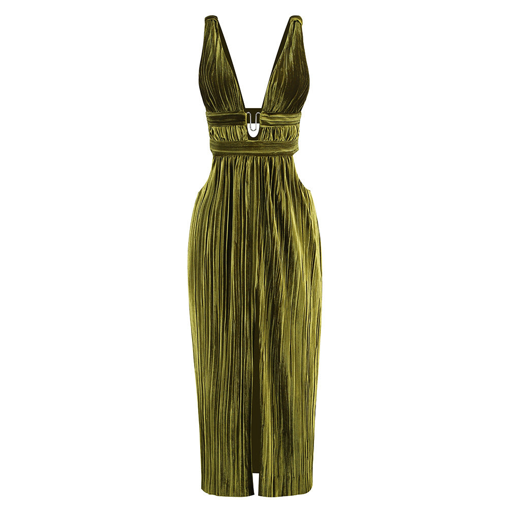 V Neck Velour Cutout Slit Dress