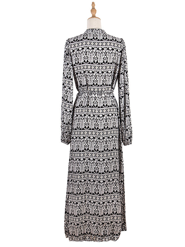 Bohemia Puff Sleeves Lace-Up V-Neck Dress