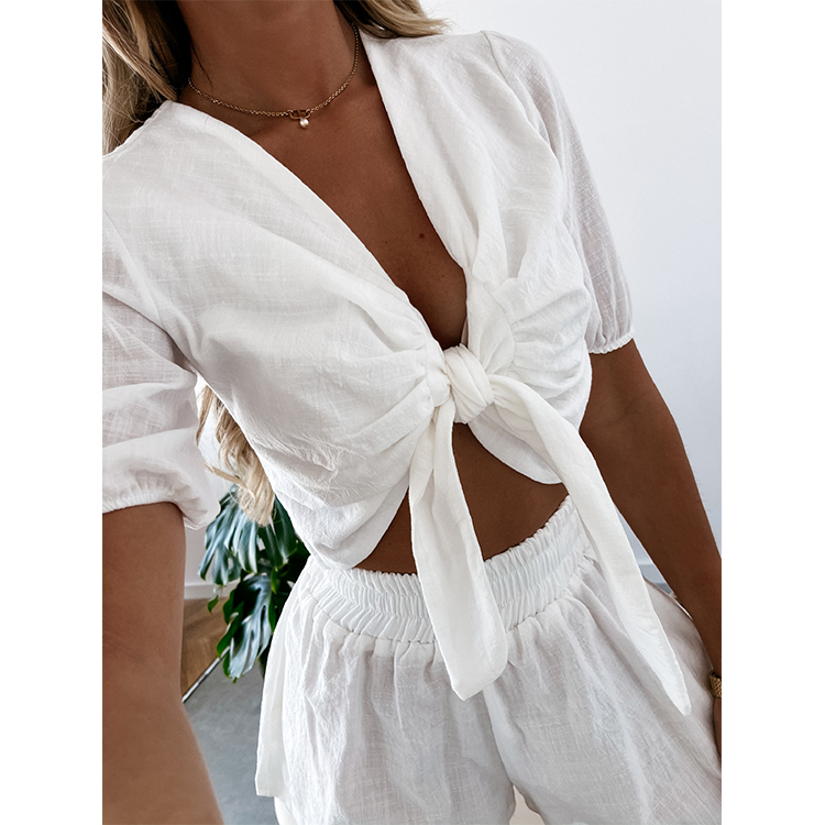 Casual Solid Color Bowknot Two Piece Set
