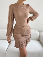 Pleated Ruffle Trim Solid Color Split-Joint Bodycon Long Sleeves Round-Neck Mini Dresses