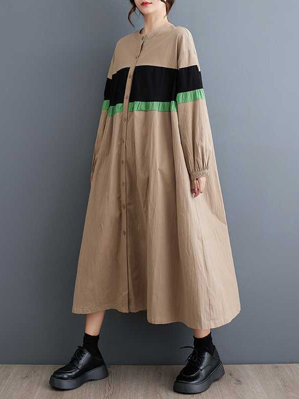 Buttoned Contrast Color Elasticity Split-Joint Long Sleeves Loose Round-neck Midi Dresses
