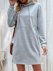 Drawstring Pockets A-line Long Sleeves Hooded Mini Dresses Hoodies Tops