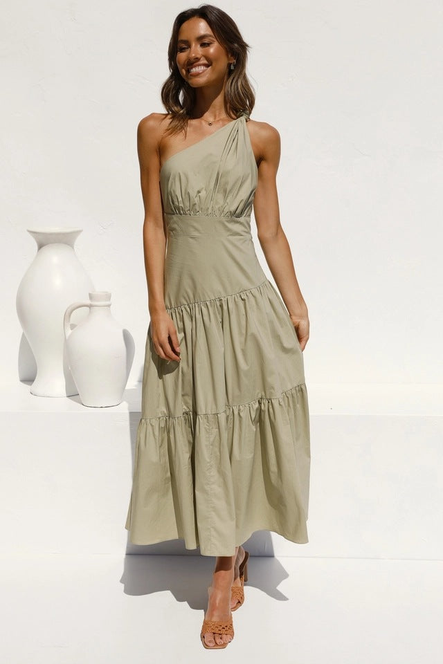 One Shoulder Solid Color Swing Dress