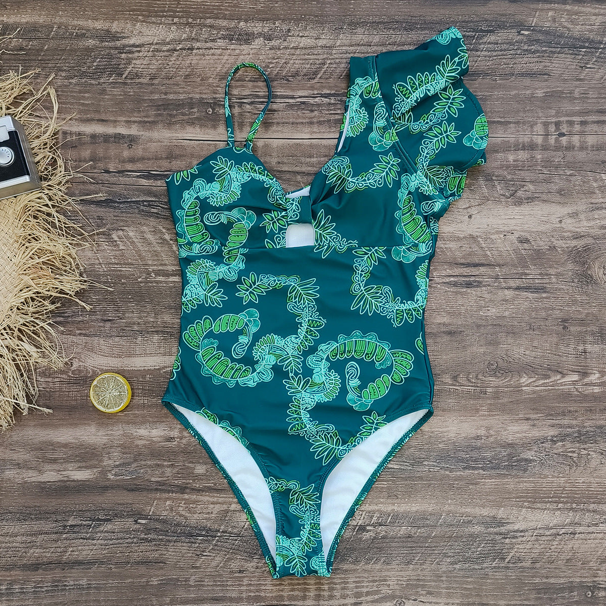 Ruffle Oblique Shoulder  Printed One Piece Swimsuit and Sarong