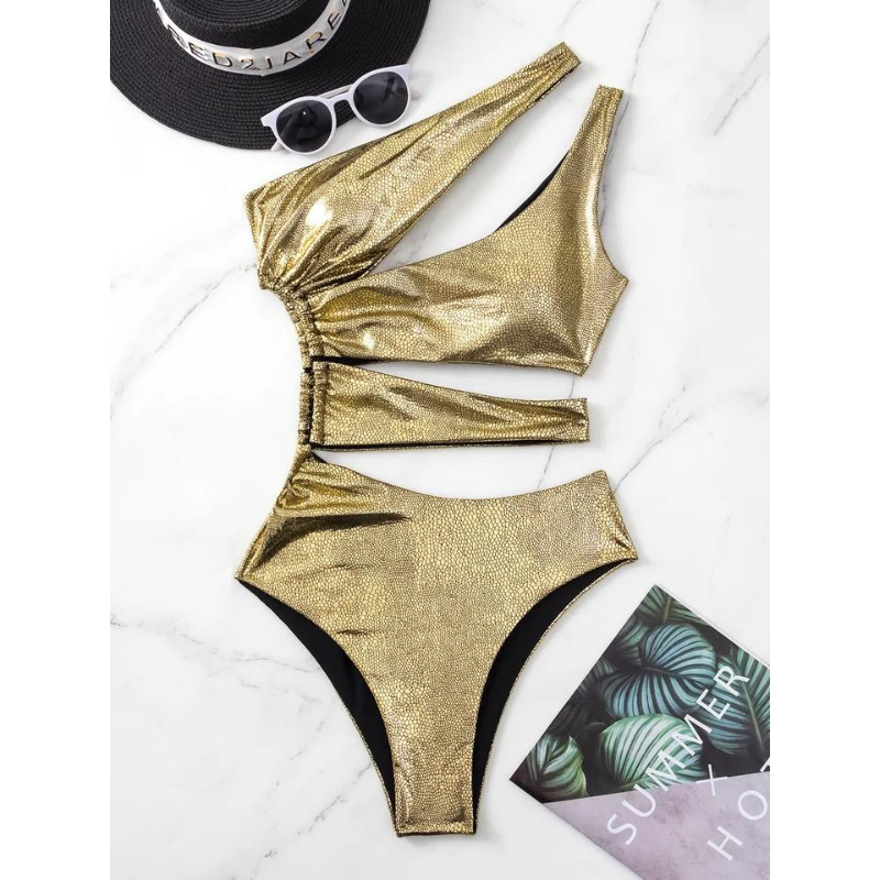 One Shoulder Cutout Glossy Sexy One Piece Swimsuit