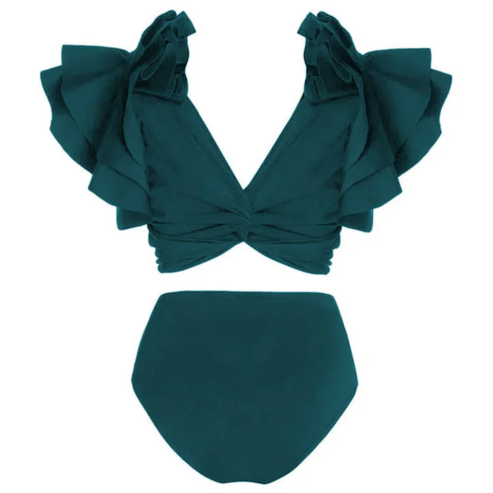 Ruffle Solid Black Bikini Swimsuit