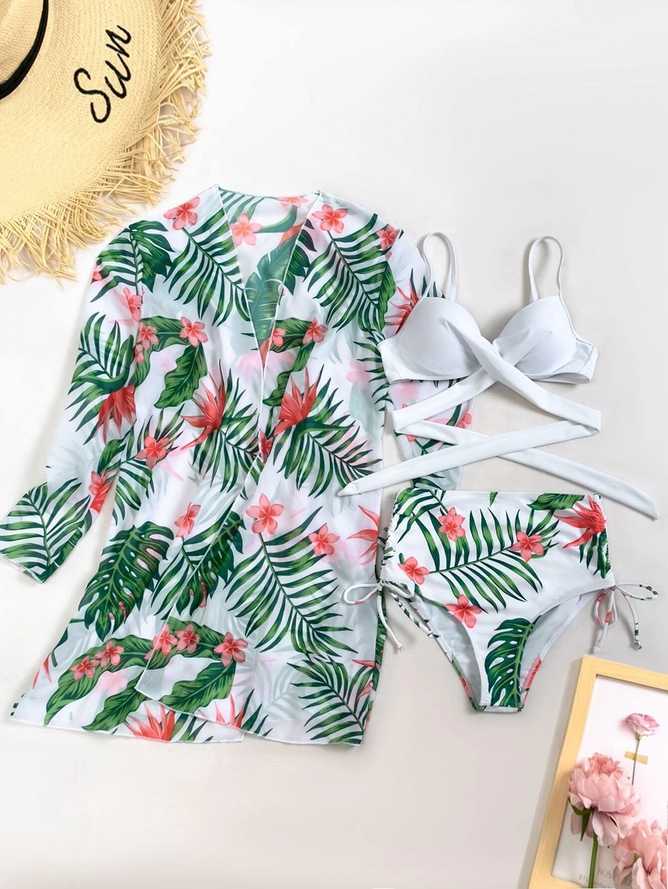 Printed Sexy Bikini Swimsuit and Net Yarn Cover Up