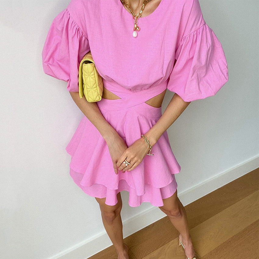 Puff Sleeve Cutout Solid Color Dress