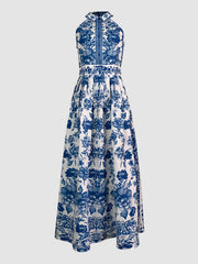 Flower Print Split-Joint A-line Loose Lapel Maxi Dresses