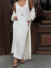 See-Through Solid Color See-through Split-Joint Loose Sleeveless U-Neck Maxi Dresses