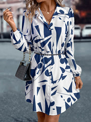 Printed Split-Joint Loose Puff Sleeves Lapel Shirt Dress Mini Dresses