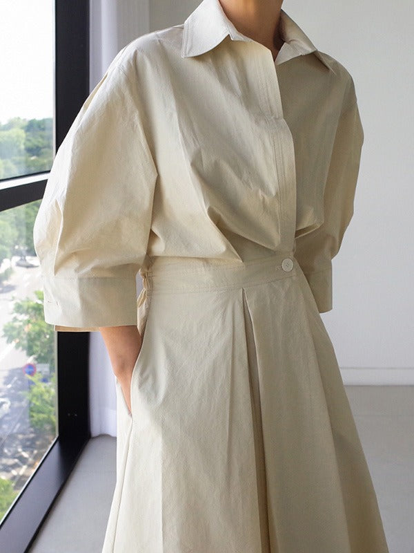 Long Sleeves Loose Pleated Solid Color Split-Joint Tied Waist Lapel Midi Dresses Shirt Dress
