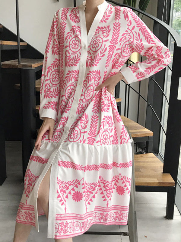 Leaves Print Printed Long Sleeves Loose Stand Collar Midi Dresses