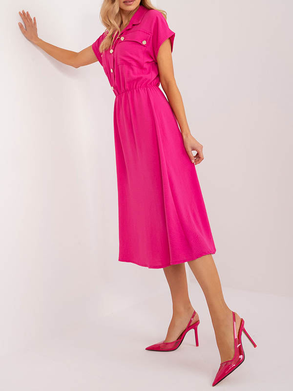 Buttoned Pleated Solid Color A-Line High Waisted Lapel Midi Dresses